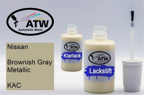 Nissan, Brownish Gray Metallic, KAC: 20ml Lackstift + 20ml Klarlack - Set, von ATW Autoteile West.